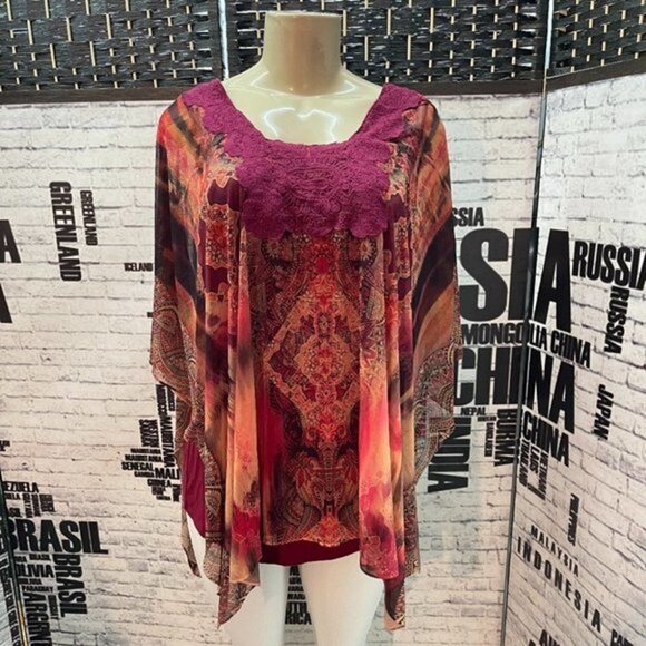 One World M Red Sheer Print Crochet Neckline Kaftan Top - Picture 1 of 6